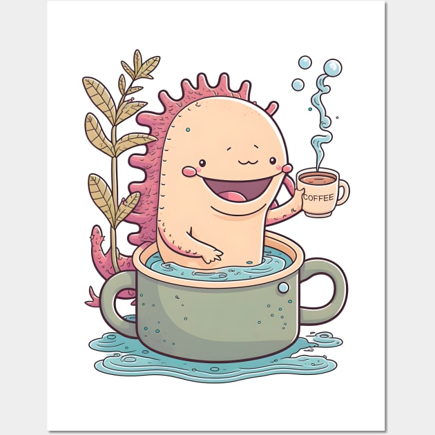 Axolotl & Coffee Kawaii Anime Cute Axolotls & Coffee Lover Wall Art by Ai Wanderer